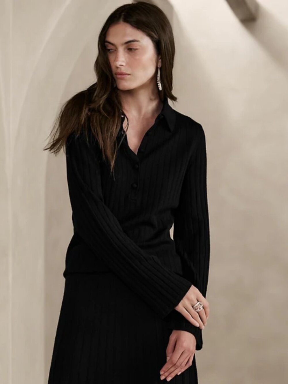 Banana Republic Merino Wool Ribbed Knit Nezha Polo Sweater